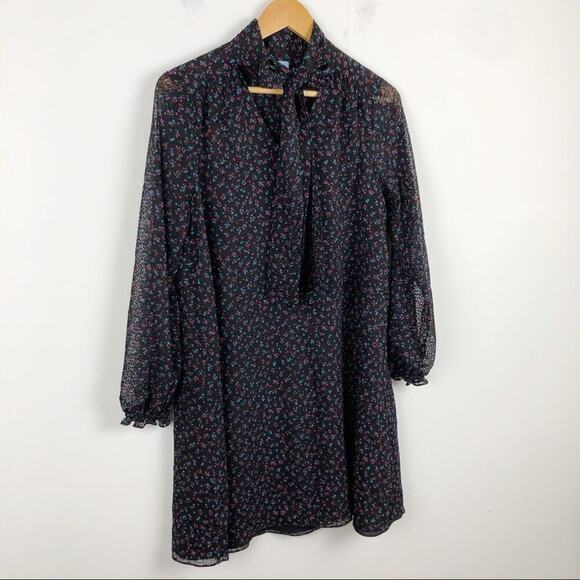 CeCe Long Sleeve Black Dress Wisttful Blooms Size 4 Retro Ditzy-floral Tie Neck - Picture 3 of 16